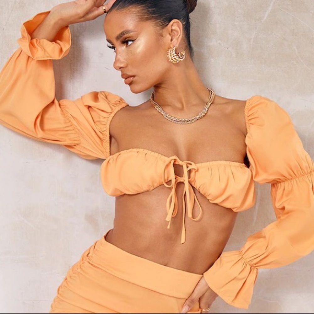 (SOLD ON DEPOP) Orange Woven Cinched Puff Long Sleeve Tie Front Bralet